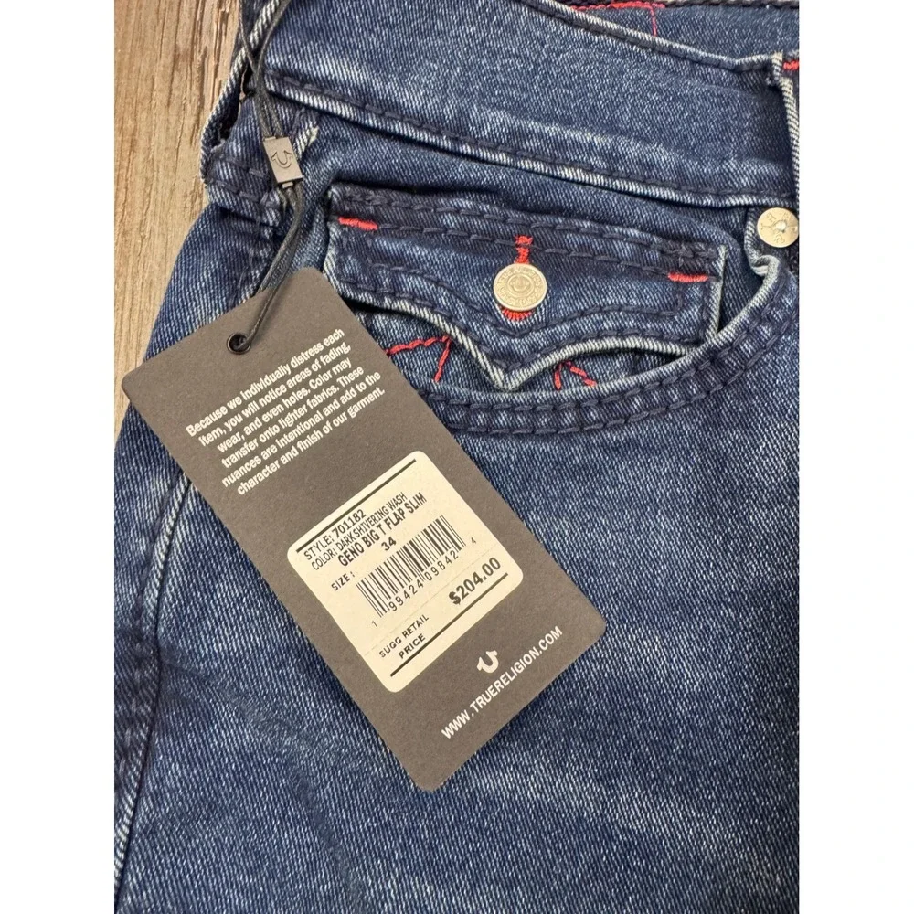 True Religion Geno Big T Flap Slim Jeans Mens 34 Dark Shivering Wash 701182